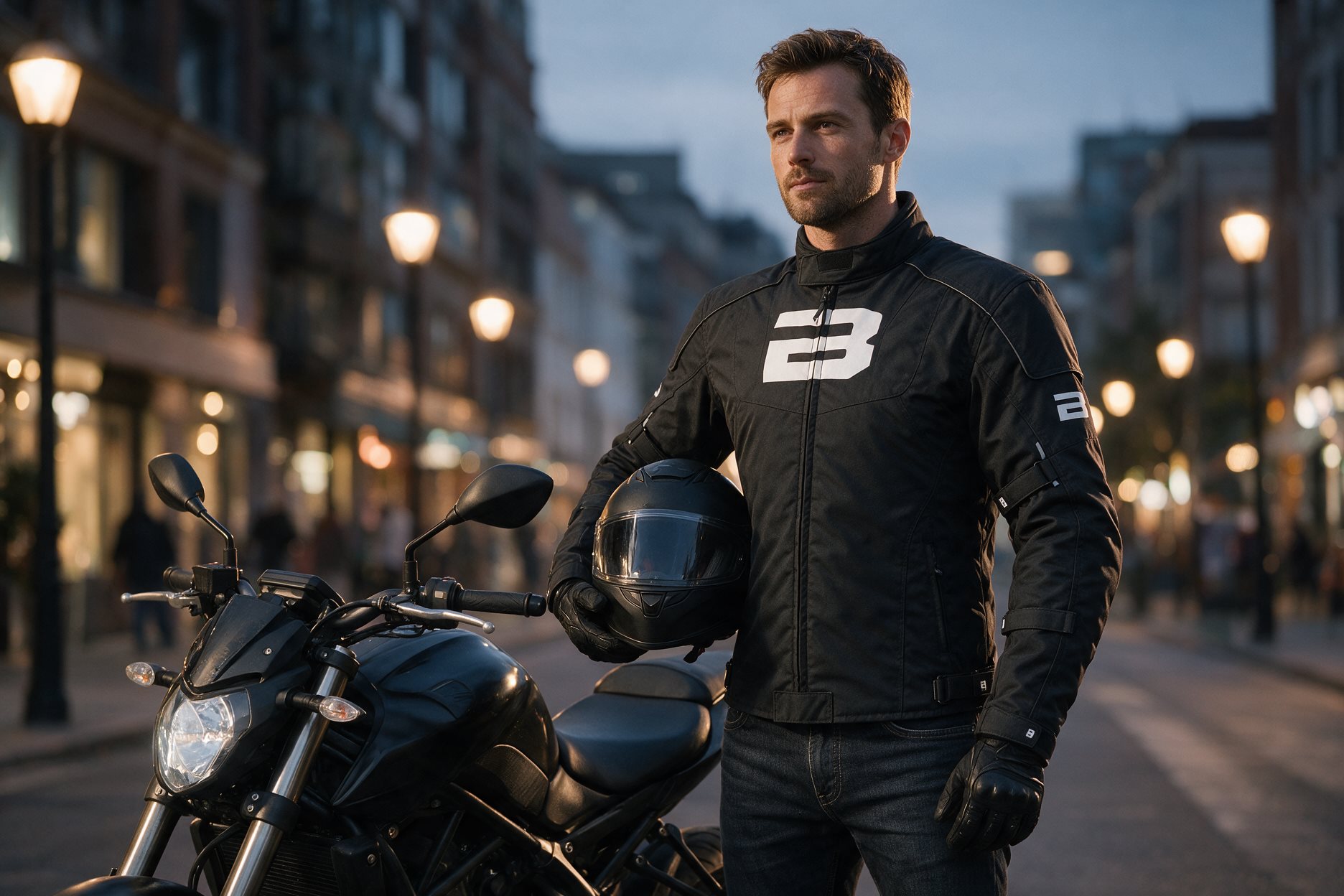 BEAST BST-1003 motoros kabát viselve, motor mellett a városban