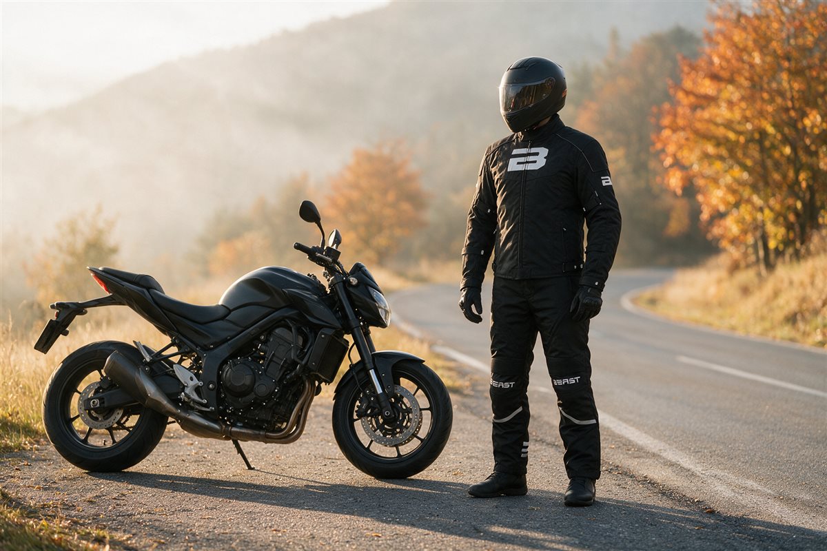Motoros BEAST BST-1717 motoros nadrágban a motorja mellett, őszi hegyi úton