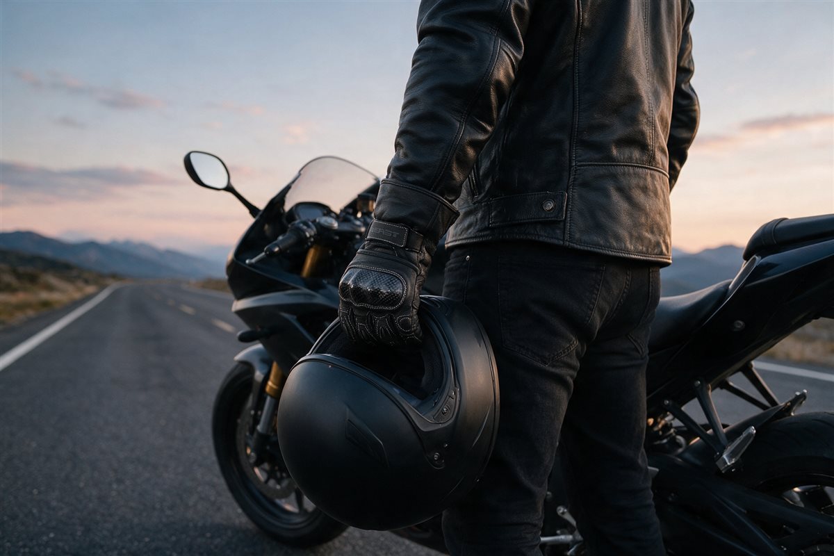 Motoros BEAST BST-3062 kesztyűben, sisakkal a kezében a motor mellett